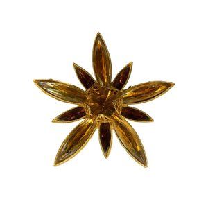 Vintage Goldtone Star Flower Brooch Amber Glass 2" Diameter Pin Retro